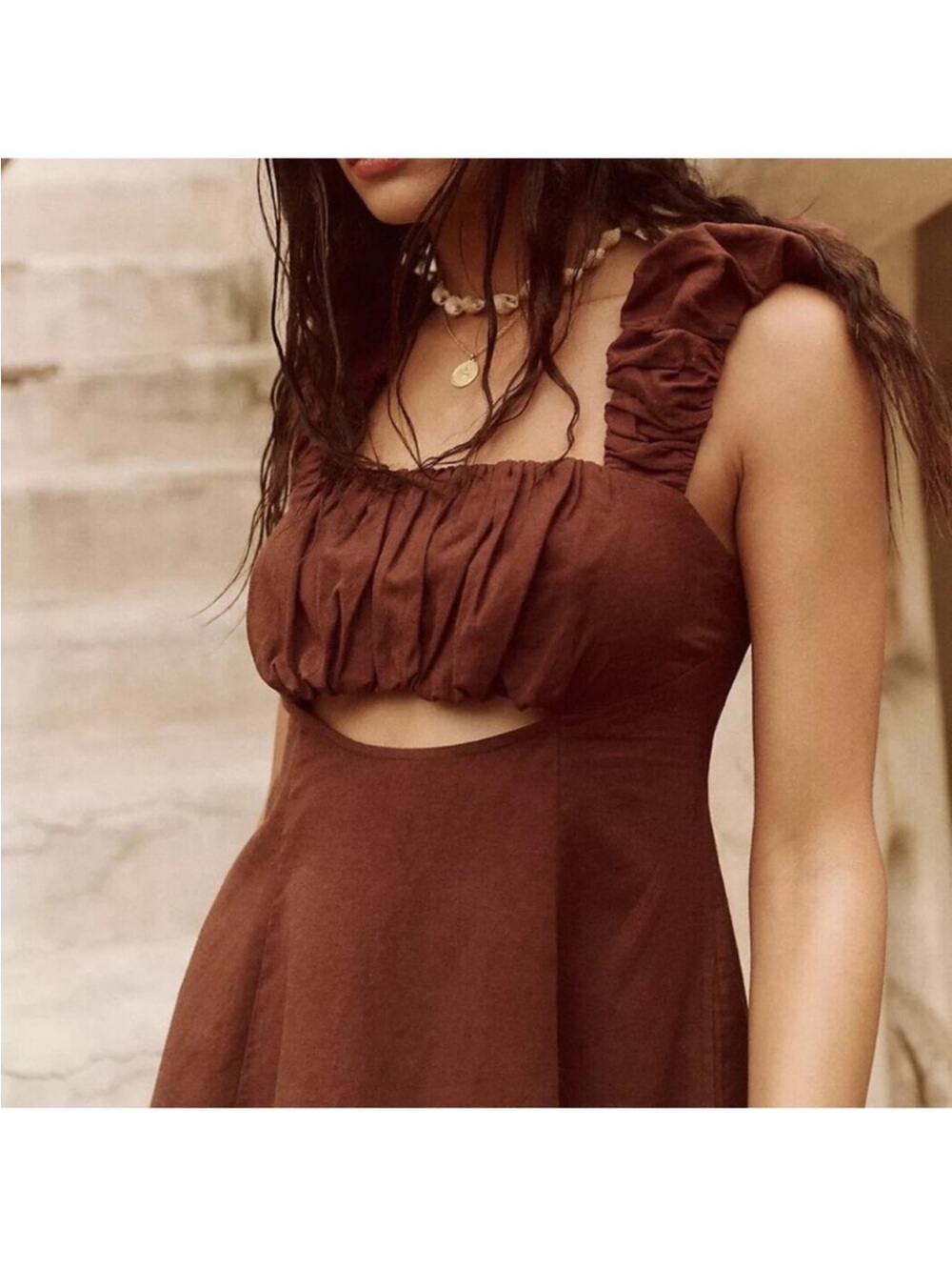 Free People “FREE-EST” BOM BOM ISLAND Brown Cutout Sundress with Ruched Bust - Picture 6 of 11